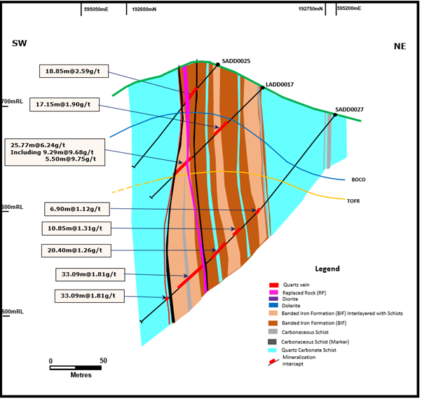 Geological Cross Section C-D Highlighting Improved Grades of LADD0017 Infill Hole